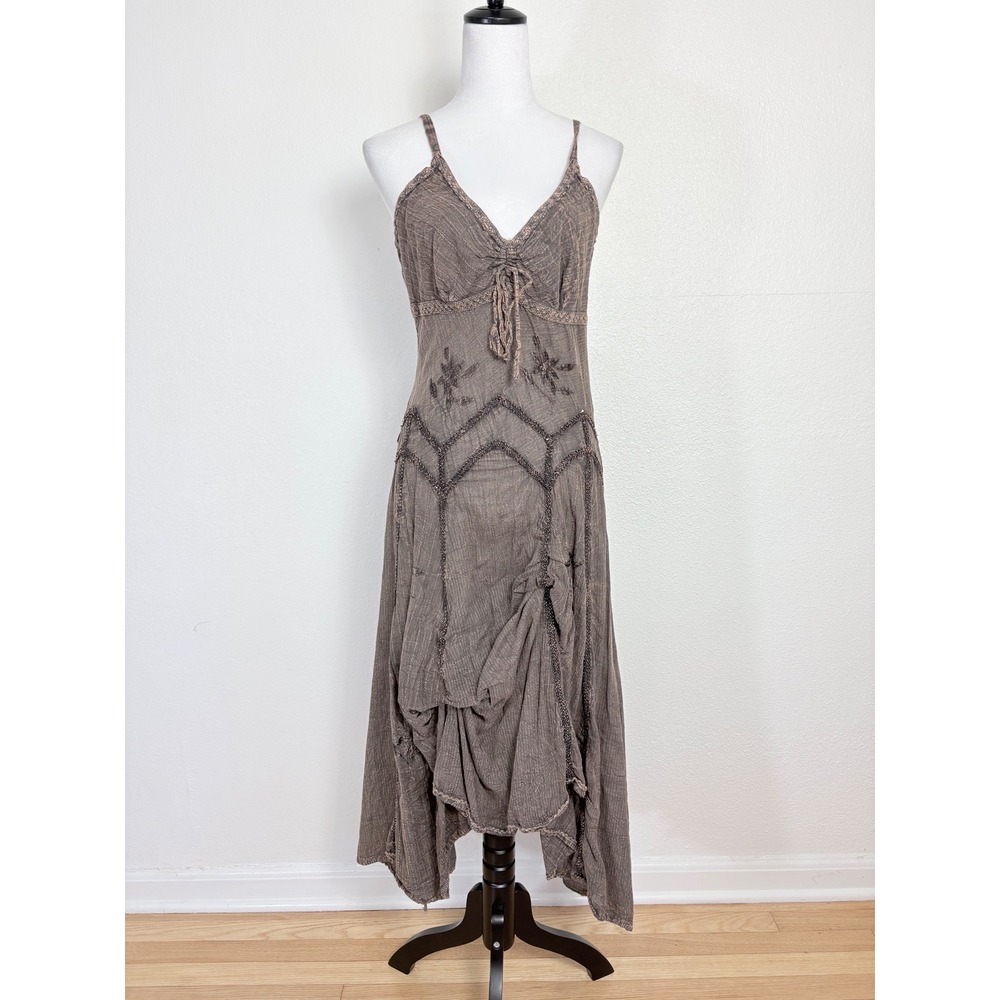 Scully Brown Embroidered Asymmetrical Cinch Skirt Midi Dress Size Large Festival